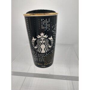 Starbucks 2015 NYC Times Square Ceramic Tumbler With Lid 12 Oz Black & Gold Skyl